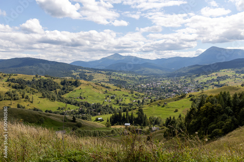 Panorama of mountains in the Ukrainian Carpathians on a summer day.