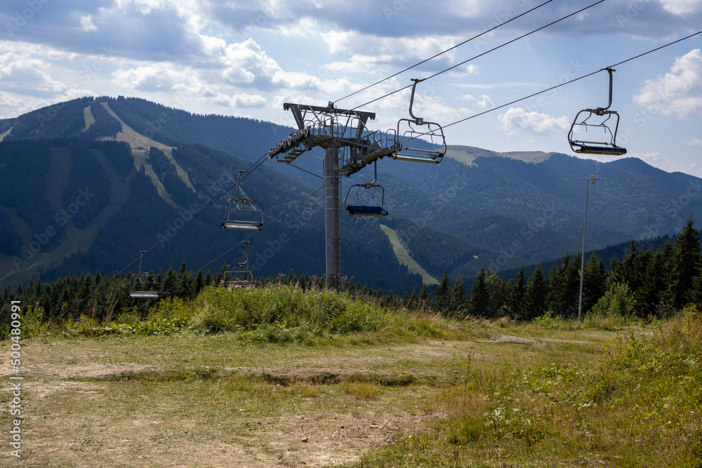 Panorama of mountains in the Ukrainian Carpathians on a summer day.