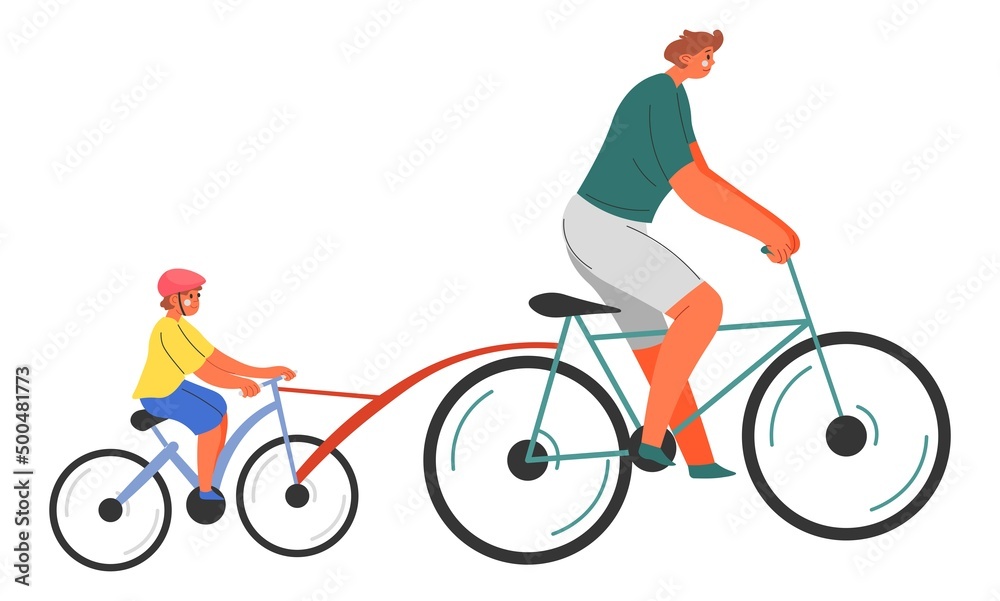 Dad and kid riding bicycle, father teaching child Dad and kid riding bicycle, father teaching child