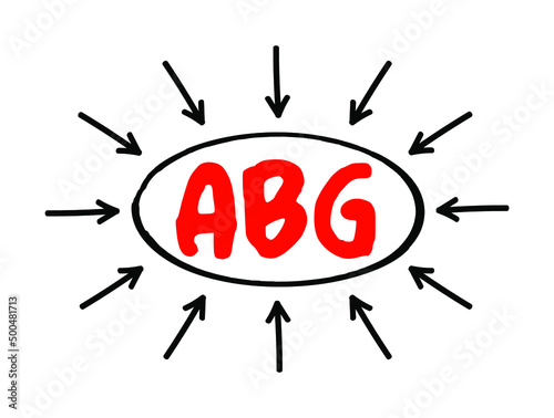 ABG Arterial Blood Gas - test measures the acidity and the levels of oxygen and carbon dioxide in the blood from an artery, acronym text with arrows