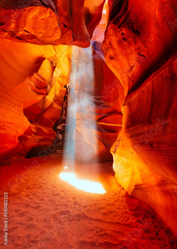 Sunbeam in Upper Antelope Canyon near Page, Arizona, USA. Beautiful light in slot Canyon.