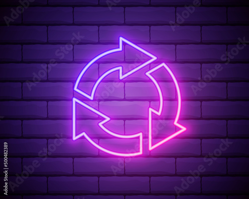 Glowing neon Refresh icon isolated on brick wall background. Reload symbol. Rotation arrows in a circle sign. Vector Illustration.