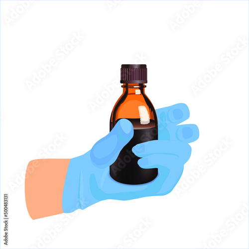 Female hand with bottle of iodine on white background. Iodine, wound care fluid, disinfectant. Brown sanitizer liquid in glass bottle. Medicine bottle in doctor hand  in blue gloves