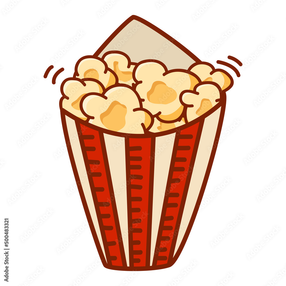 Popcorn stripe bucket.Cinema snack fast food. Sketch style vector.Isolated on white background. Hand drawn movie illustration in cartoon doodle style.