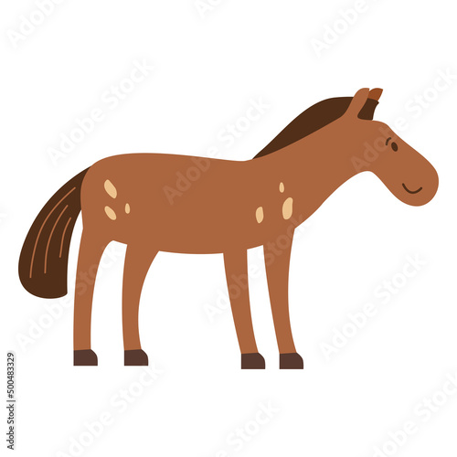 Cute cartoon brown horse hand drawn.Abstract nursery horse smiling.Isolated on a blue background. Vector flat illustration.