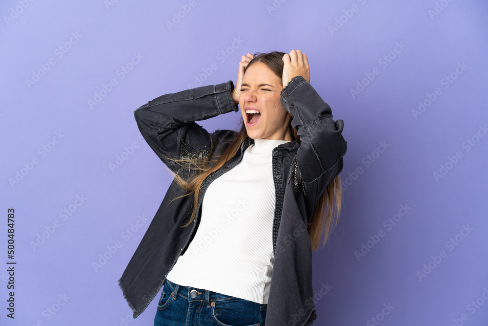 Young Lithuanian woman isolated on purple background stressed overwhelmed Young Lithuanian woman isolated on purple background stressed overwhelmed