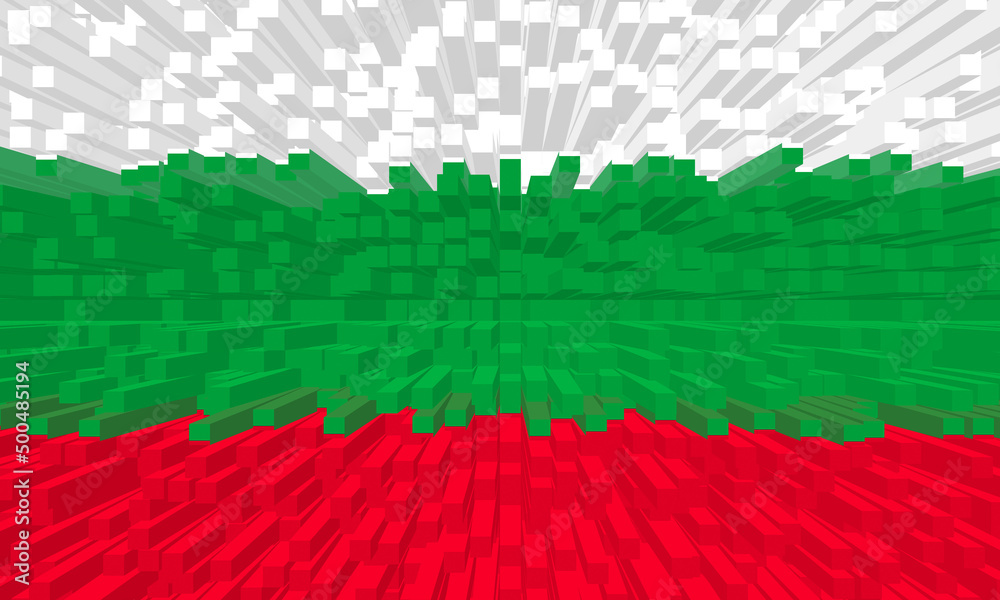 Flag of Bulgaria . BG patriotism banner. Bulgaria  national symbol. State banner of capital  Sofia . Nation independence day BGR. Flag with effect of extrusion, growing blocks. 3D Image