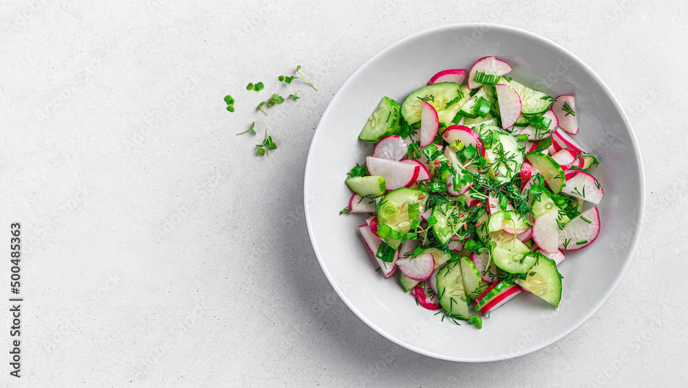 Salad with radish, cucumber, fresh herbs and flax seeds on a gray background with space to copy. Salad with radish, cucumber, fresh herbs and flax seeds on a gray background with space to copy.