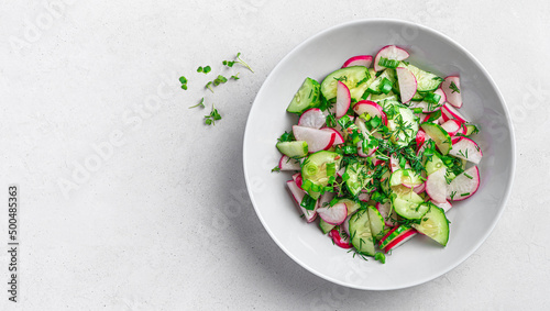 Salad with radish, cucumber, fresh herbs and flax seeds on a gray background with space to copy.