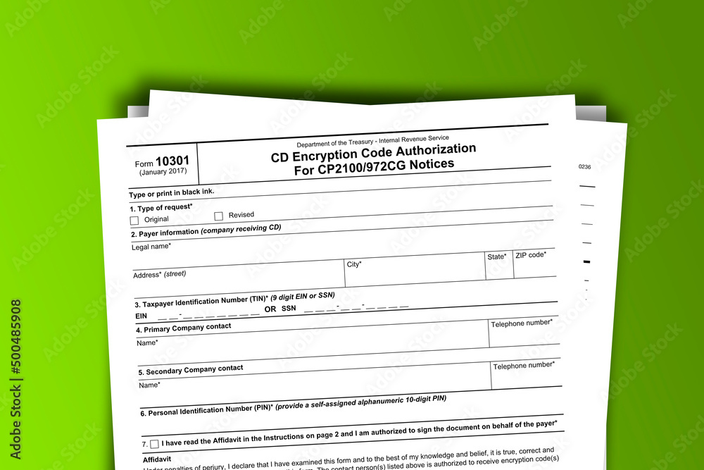 Form 10301 documentation published IRS USA 42980. American tax document on colored