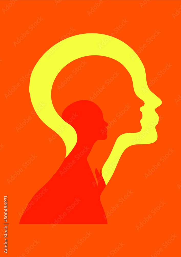 silhouette of a woman, thinking. interiority, outward thinking and concentration. in red, orange and yellow colors