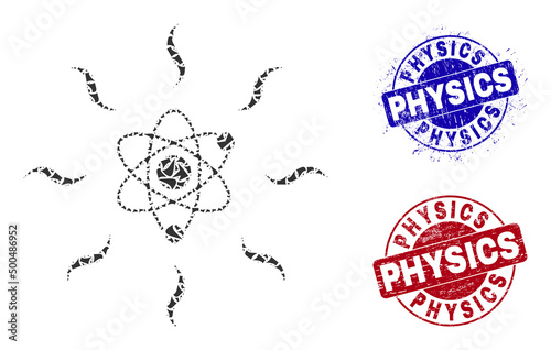 Round PHYSICS rubber seals with tag inside round forms, and spall mosaic quantum radiation icon. Blue and red seals includes PHYSICS caption. Quantum radiation mosaic icon of spall parts.