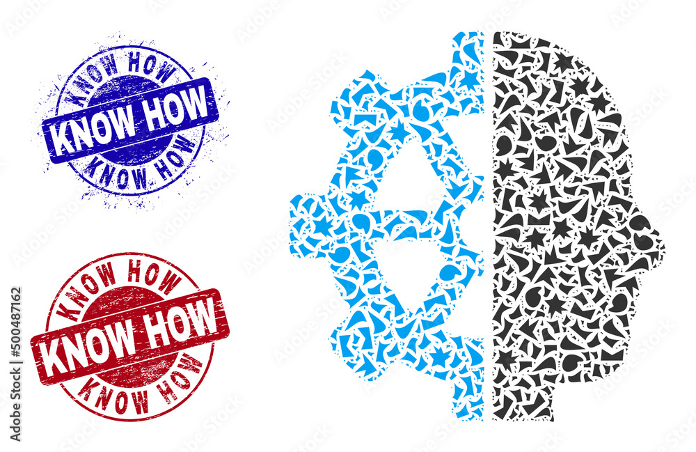 Round KNOW HOW corroded badges with text inside round shapes, and debris mosaic cyborg gear icon. Blue and red seals includes KNOW HOW caption. Cyborg gear mosaic icon of fraction elements. Round KNOW HOW corroded badges with text inside round shapes, and debris mosaic cyborg gear icon. Blue and red seals includes KNOW HOW caption. Cyborg gear mosaic icon of fraction elements.