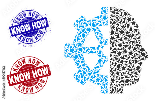 Round KNOW HOW corroded badges with text inside round shapes, and debris mosaic cyborg gear icon. Blue and red seals includes KNOW HOW caption. Cyborg gear mosaic icon of fraction elements.