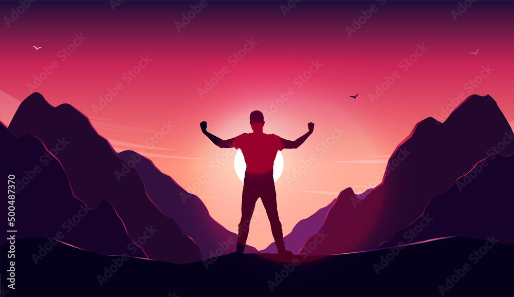 Personal triumph - Man standing on mountain with sun having arms raised feeling strong and confident. Vector illustration with copy space