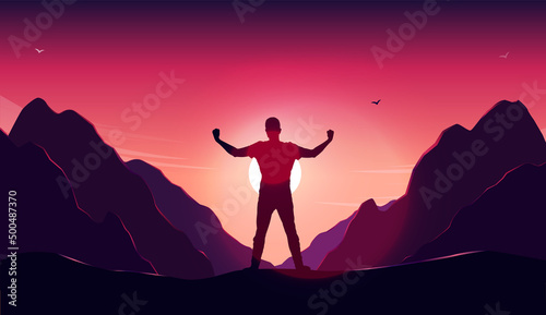 Personal triumph - Man standing on mountain with sun having arms raised feeling strong and confident. Vector illustration with copy space