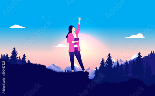 Woman winner - Casual businesswoman holding hand in air celebrating success and winnings with epic landscape and sun in background. Vector illustration with copy space for text.