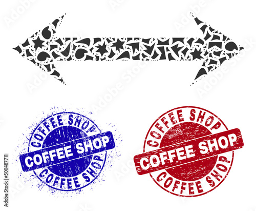Round COFFEE SHOP corroded seals with caption inside round shapes, and debris mosaic horizontal flip icon. Blue and red stamp seals includes COFFEE SHOP caption.
