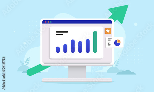 Computer with green arrow - Desktop PC with diagram chart showing positive results and growth. Semi flat vector design illustration