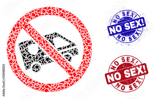 Round NO SEX! grunge stamp imitations with word inside round shapes, and detritus mosaic forbidden patrol car icon. Blue and red stamp seals includes NO SEX! title.