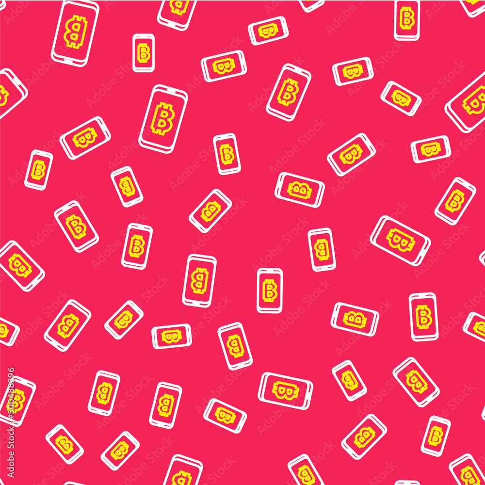 Line Mining bitcoin from mobile icon isolated seamless pattern on red background. Cryptocurrency mining, blockchain technology service. Vector Line Mining bitcoin from mobile icon isolated seamless pattern on red background. Cryptocurrency mining, blockchain technology service. Vector