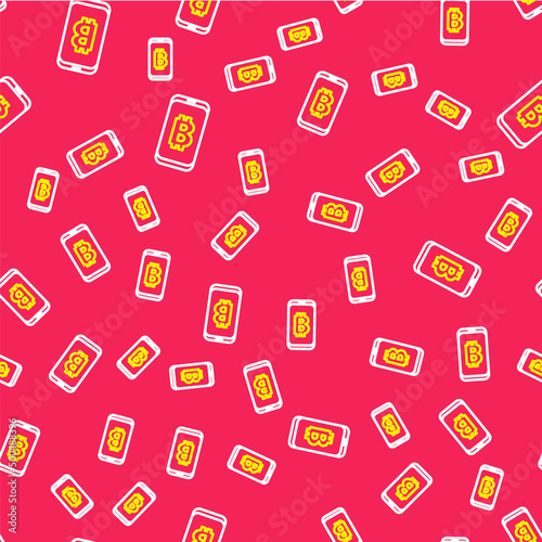 Line Mining bitcoin from mobile icon isolated seamless pattern on red background. Cryptocurrency mining, blockchain technology service. Vector