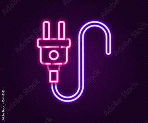 Glowing neon line Electric plug icon isolated on black background. Concept of connection and disconnection of the electricity. Colorful outline concept. Vector