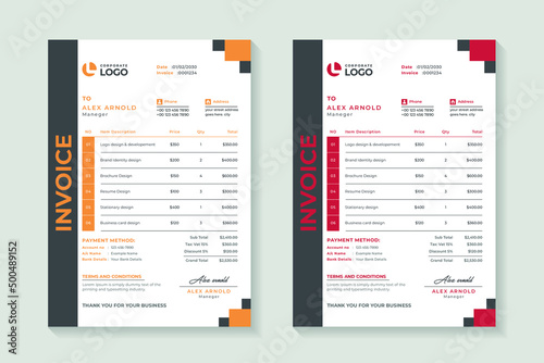 Corporate invoice template layout design, payment agreement design, bill, receipt, price list, business invoice accounting photo