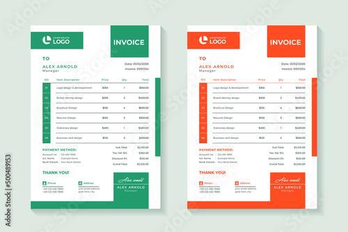 Corporate invoice template layout design, payment agreement design, bill, receipt, price list, business invoice accounting photo