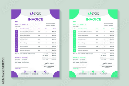 Corporate invoice template layout design, payment agreement design, bill, receipt, price list, business invoice accounting