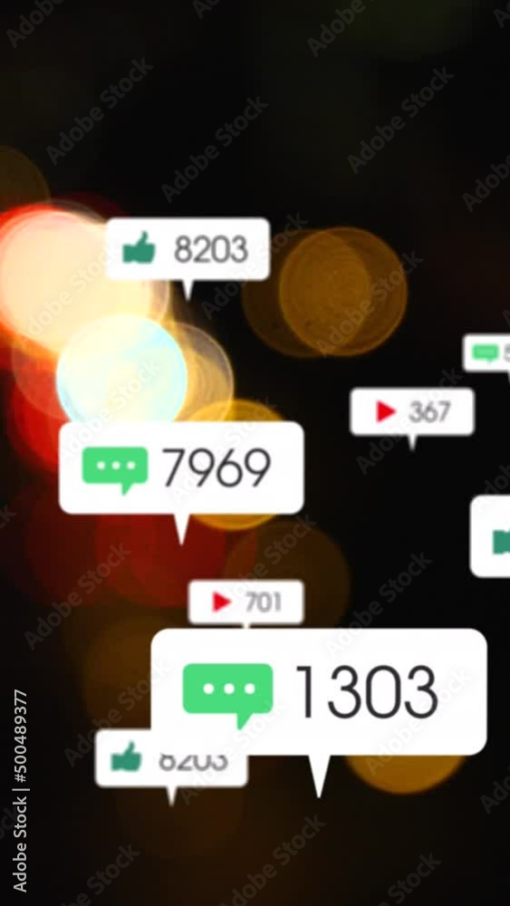 Animation of social media icons and numbers over out of focus traffic lights Animation of social media icons and numbers over out of focus traffic lights