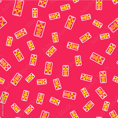 Line Smartphone with electronic boarding pass airline ticket icon isolated seamless pattern on red background. Passenger plane mobile ticket for web and app. Vector