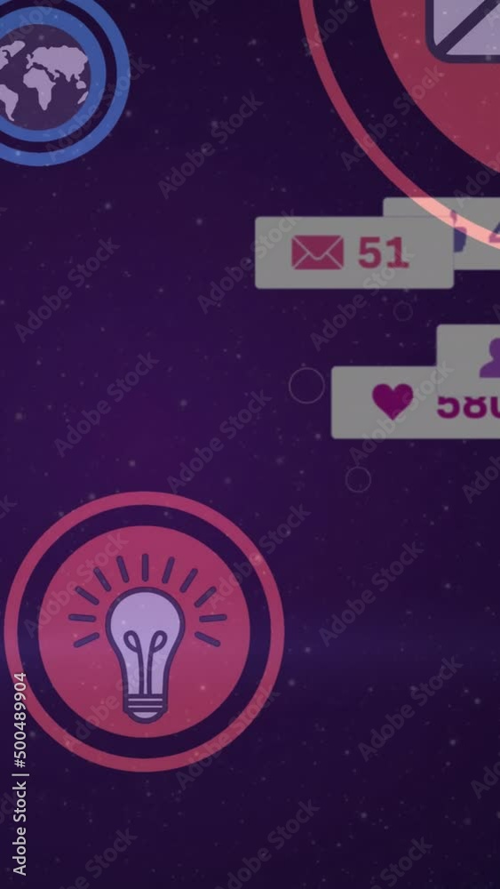 Animation of social media icons and numbers over purple background Animation of social media icons and numbers over purple background