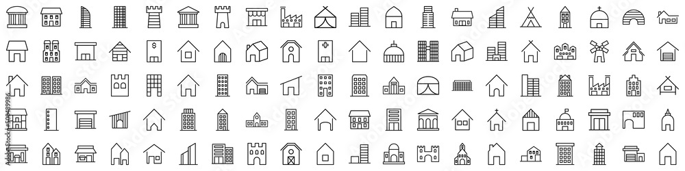 Set of Building & Real Estate icons. Outline style icons bundle. Vector illustration
