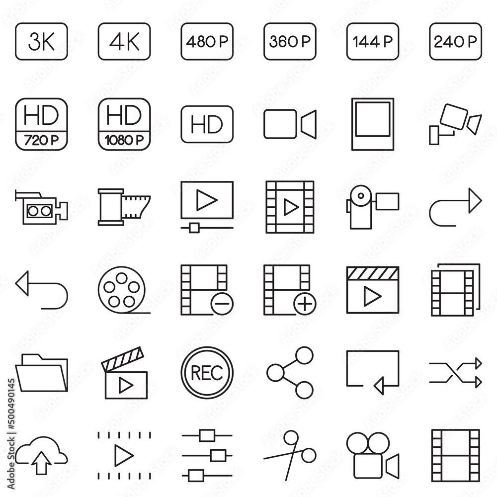 Set of Video icons. Outline style icons bundle. Vector illustration