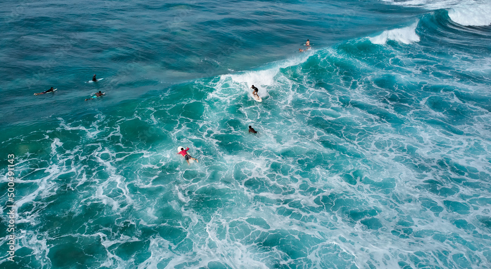Aerial view of surfers waiting for the wave. Sri Lanka, Midigama. High quality photo