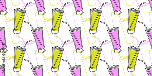 Hand drawn seamless pattern with icy glasses with straws, Colorful background.
