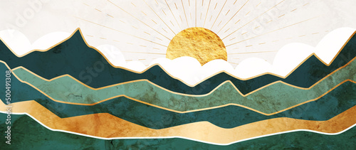 Landscape art background in blue tones with mountains and hills in gold lines and the sun. Vector luxury banner with hills, mountains and sun for decoration, wallpaper, packaging, fabric