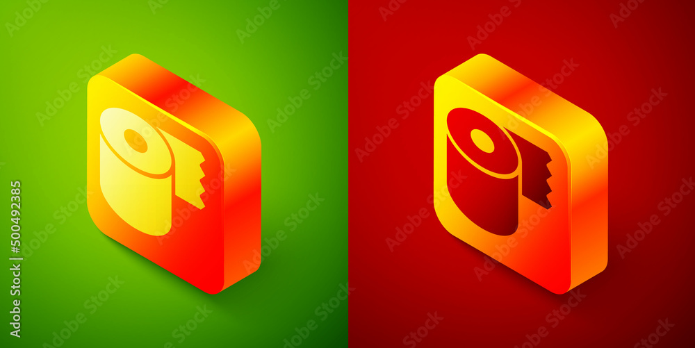 Isometric Toilet paper roll icon isolated on green and red background. Square button. Vector Isometric Toilet paper roll icon isolated on green and red background. Square button. Vector