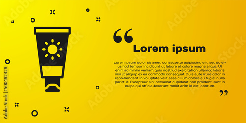 Black Sunscreen cream in tube icon isolated on yellow background. Protection for the skin from solar ultraviolet light. Vector