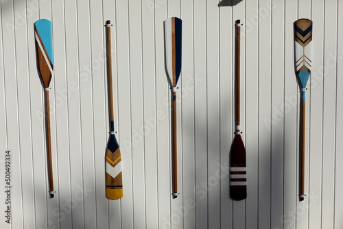 four colourful wooden paddles hangs on a white wall. canoe oars for active water sport. holiday vacation