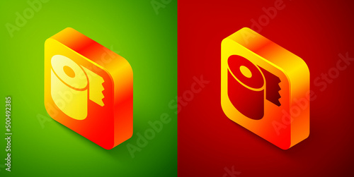 Isometric Toilet paper roll icon isolated on green and red background. Square button. Vector