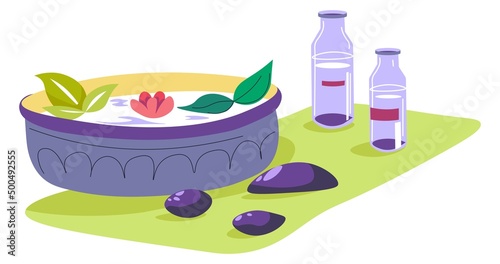 Spa salon procedure, bowl with water and essence