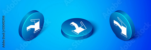 Isometric Water tap icon isolated on blue background. Blue circle button. Vector