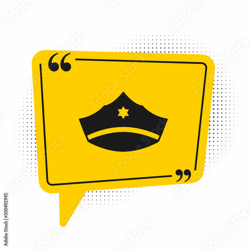 Black Police cap with cockade icon isolated on white background. Police hat sign. Yellow speech bubble symbol. Vector