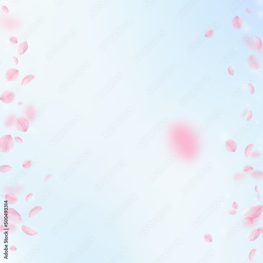 Sakura petals falling down. Romantic pink flowers borders. Flying petals on blue sky square background. Love, romance concept. Modern wedding invitation.