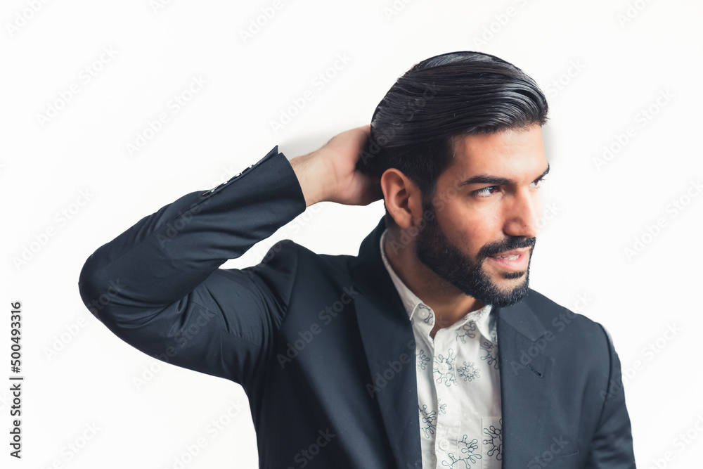 Portrait of Latin businessman thinking with a hand behind his head, isolated white background. High quality photo Portrait of Latin businessman thinking with a hand behind his head, isolated white background. High quality photo