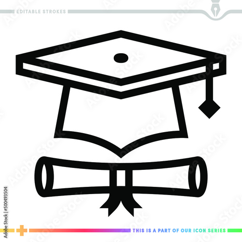 Line icon for graduation degree illustrations with editable strokes. This vector graphic has customizable stroke width.