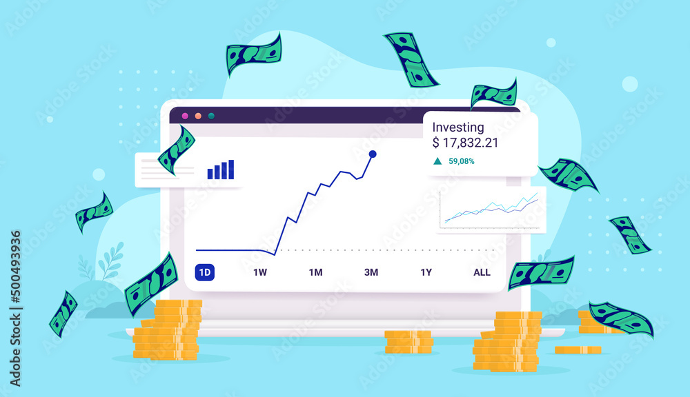 Obraz premium Investing success- Computer screen with stock market portfolio going up. Vector illustration