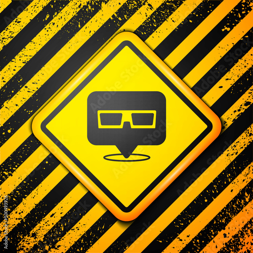 Black 3D cinema glasses icon isolated on yellow background. Warning sign. Vector